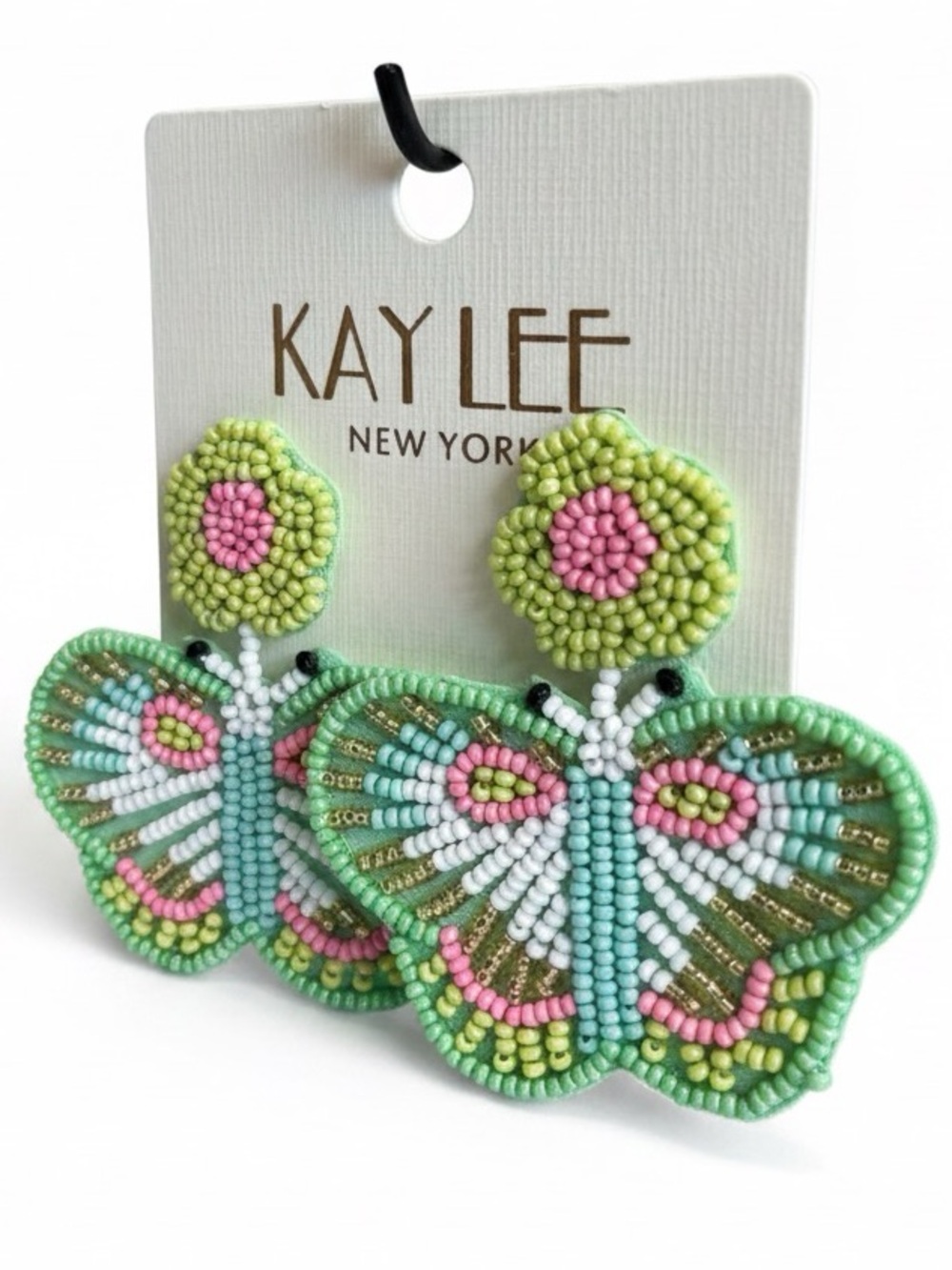 Kay Lee Green Beaded Butterfly Drop Earrings